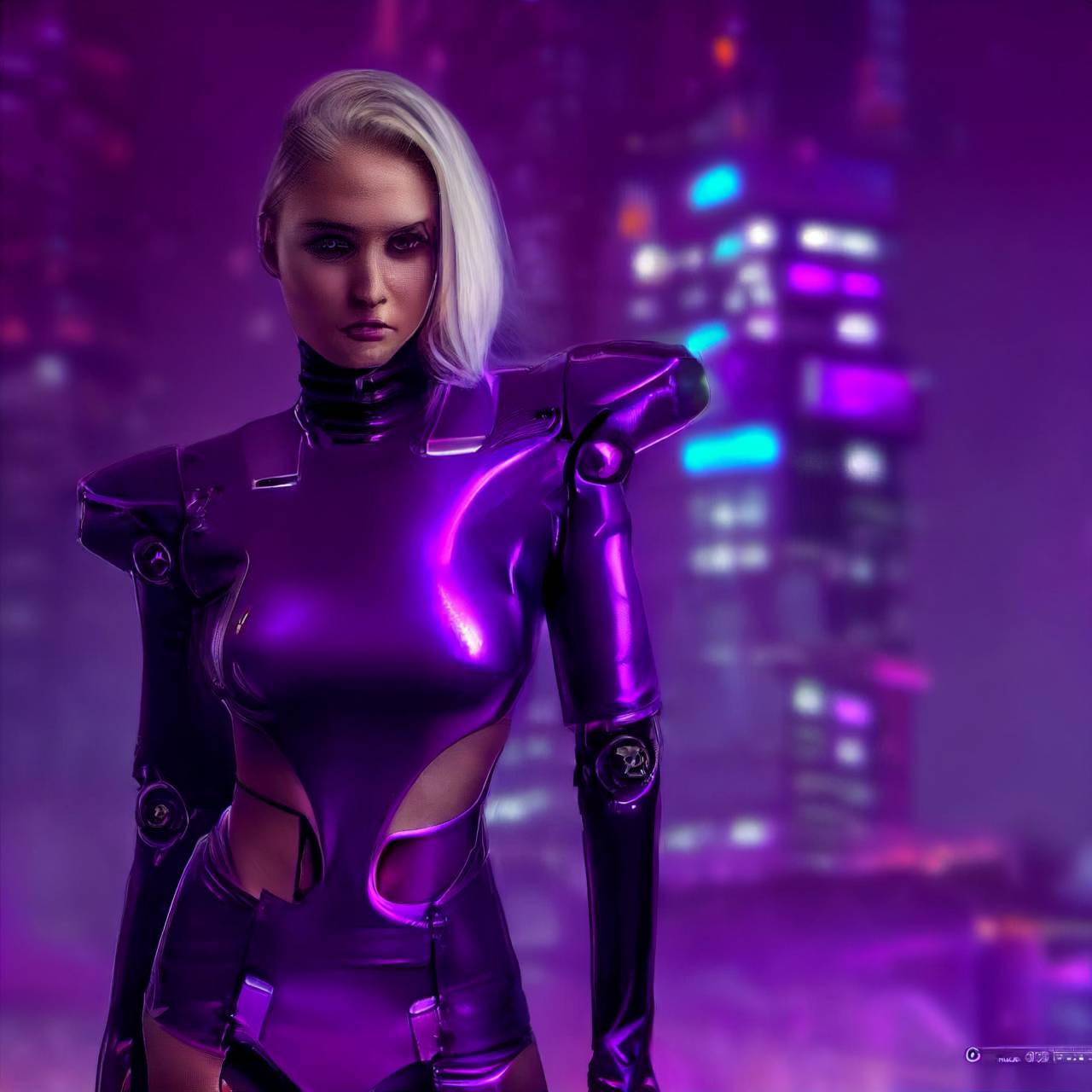 Beautiful Blonde Female Cyborg Wearing Futuristic Cyberpunk Rave Attire