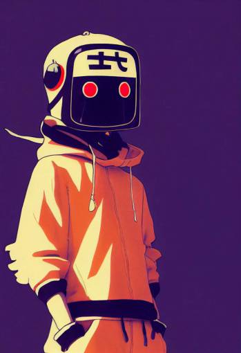1974 flcl fighter in streetwear, with vintage mask and hat, in japan, anime style