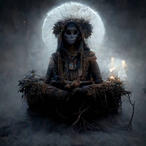 4k, HD, photorealistic female shaman witch sitting at a fireplace with a white wolve lying by her side, misty background, twisted dead branches, atmospheric lighting, very detailed, dark theme, mystic lights