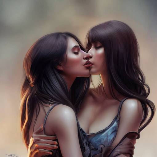 A beautiful and detailed illustration of two gorgeous long brown and black hair lesbian in her thirties soft kissing, wooded background, precise correct anatomy, detailed face, elegant, colorful, digital painting, sharp focus, higly detailed, studio quality, smooth render, art by artgerm, cgsociety