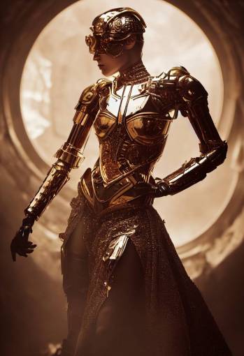 a beautiful cyborg warrior princess wearing gold armor, sci-fi movie character, futuristic, intricate silk and diamond details, high detail, dramatic lighting, unreal engine