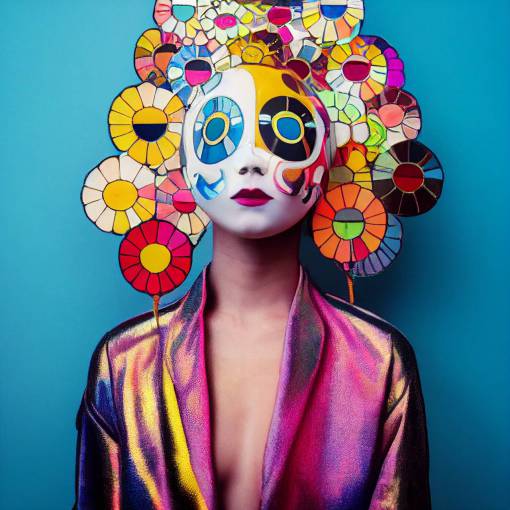A beautiful Fashion model wearing a venetian mask the style of Takashi Murakami, FluoWave aesthetic