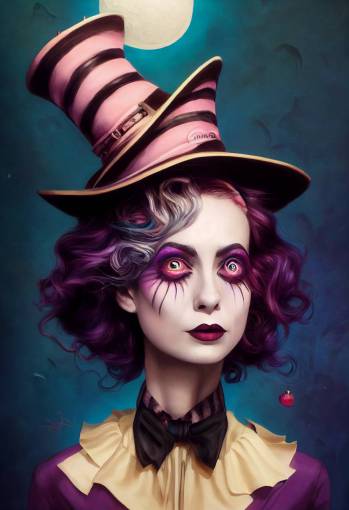 A beautiful portrait of Beetlejuice madhatter, cute girl, crazy, funny, cheshire grin, psychedelic, beautiful, raphaelite, in the style of artgerm, Tim Burton, peter mohrbacher, charlie bowater, ross tran and greg rutkowski, trending on artstation, ultra realistic digital art, highly detailed, digital painting, artstation, concept art, smooth, sharp focus, illustration, Bokeh blur, High detail, Sony Alpha ?7, ISO1900