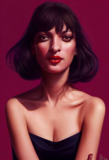 A beautiful portrait of Mia Wallace from Pulp Fiction drinking milkshake, uma thurman, expression of smirk, cute, raphaelite, in the style of artgerm, charlie bowater, ross tran, peter mohrbacher and greg rutkowski, trending on artstation, single character, ultra realistic digital art, highly detailed, digital painting, artstation, concept art, smooth, sharp focus, illustration, Bokeh blur, High detail, Sony Alpha ?7, ISO1900