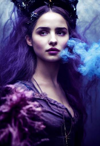 /a beautiful smoke witch who's lost everything except for her only treasure played by a perfect beautiful mix of ana de armas, selena gomez, zendaya, jessica alba, emilia clarke, ariana grande, jennifer lawrence, emma watson and natalie portman, purple and blue, wispy, translucence, hyperfine maximalist detail, intricate, delicate,volumetric light, bioluminescent colors, Reflecting, wet, sparkling, pure, benevolent, strong, portrait, line art, realistic, epic composition, golden ratio, CryEngine render, 8k