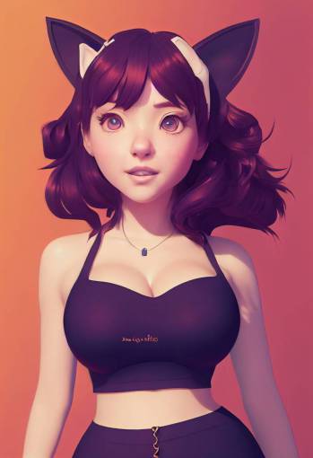 A Beautiful woman with cute anime cat ears, Round Face , Thick Wavy Long Hair , Big Round Eyes , Christina Hendricks Body type , Make up, flirty vibes, charm, appeal + 3D rendered + Portrait + Pixar Artstyle + Overwatch Artstyle