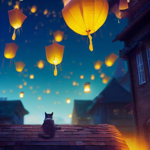 a brave humanoid cat rogue jumping roof to roof in a medieval city, echo of adventure. Flying lanterns. bokeh, octane rendering, by studio Ghibli, final fantasy 6 style, cinematic
