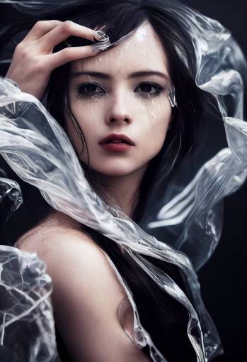 a cover photography, portrait photography, muse of beauty with long flowing hair, face and bidy wrapped in transparent plastic , dripping in black oil, youthful attractive, artgerm, flowing hair, symmetrical face, Kuvshinov Ilya, Charlie Bowater, cinematic top lighting, dark background, insanely detailed and intricate,