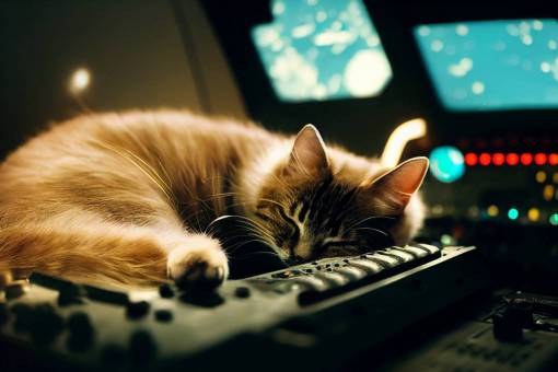 a cute furry cat sleeping on the console of a star ship cockpit, cyberpunk, space opera, cozy, equipment, switches, modules, wires, screens, dingy, rust, epic, cinematic, stanley kubrick, golden ratio, dramatic lighting