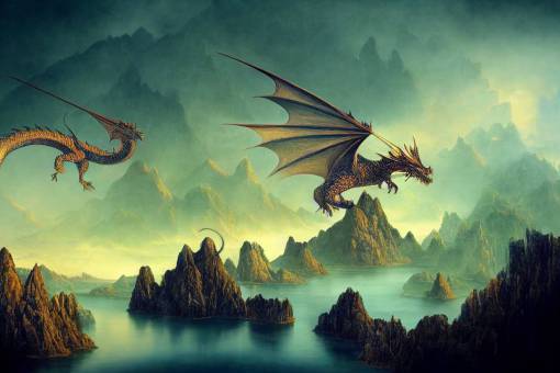 a dragon in a fantasy world, lake surrounded by high mountains, fairies in the air,