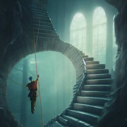 a fantasy adventurer climbing the staircase of time, leaving behind time-delayed echoes of themselves as they climb. octane render, oil painting