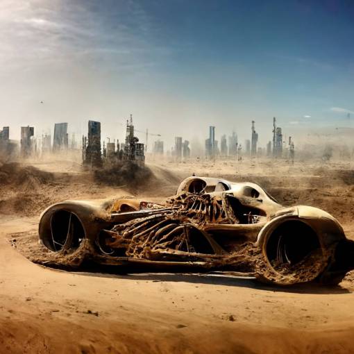 a formula 1 car made of bones running in desert, dust trail, futuristic city as background, horror, dark, mad max style car, realistic, wide angle