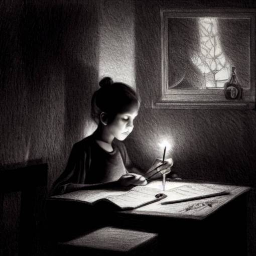 A girl doing homework under candle light in a small crowded room, graphite pencil