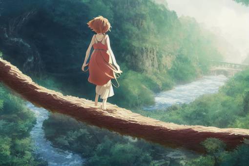 a girl walking on a tree trunk bridge over a river, mountainous ridges, daytime, time still, fragile, aery, ghibli, nausicaa, anime style