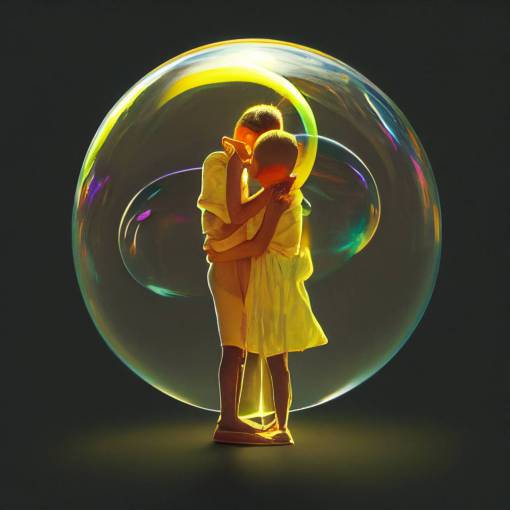 a golden orb bubble with a boy and girl hugging inside