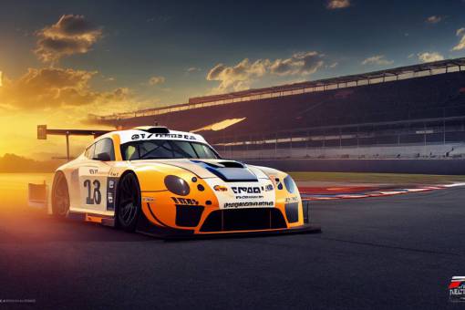 a GT3 car on a race track, sunset, vray, epic, capuscular rays