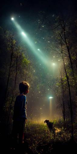 a kid with a dog looking up as a ufo shines a beam down on to them in a forest, 3d, photorealistic, dramatic, low angle, cinematic, lens flare, volumetric lighting, misty night,