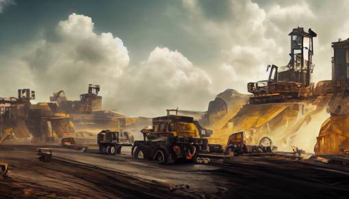 a large mine quarry with trucks, piles of coal, armored vehicles, machines and workers steampunk style, hyper realistic, science fiction, fantasy ,cinematic light, unreal5