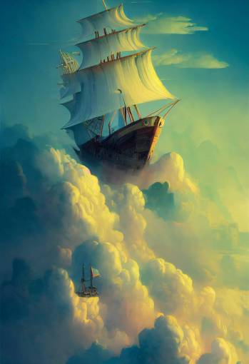 a large Spanish Galleon filled with Treasure half-emersed in the clouds, sailing above the clouds, cinematic lighting, in the style of Gediminas Pranckevicius