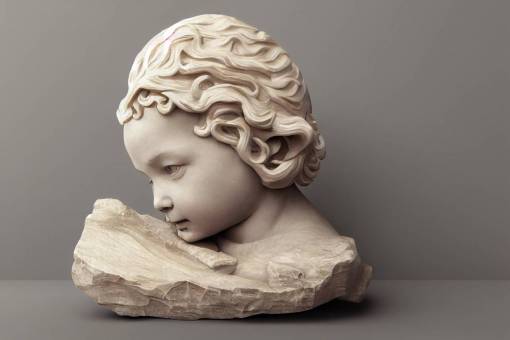 a life sized child sculpture carved in opal, style of Michelangelo, photorealistic, 8K, detailed, realistic space, intricate, precise, accurate textures and materials