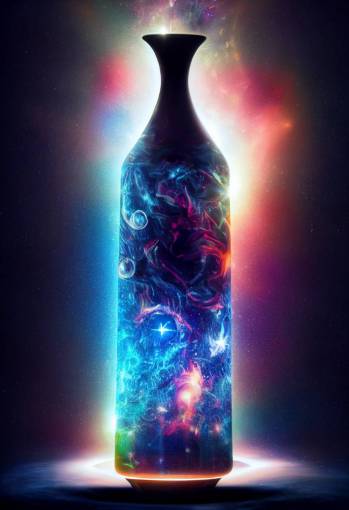 a magical bottle with a black hole inside with outside exploding echoes of universal energy waves, vivid colors, ultra detailed,
