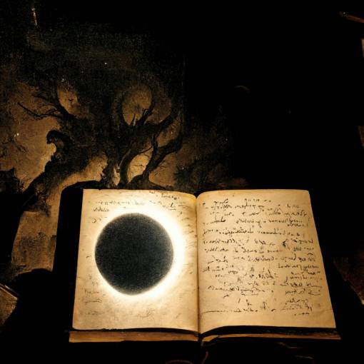 a male author drawing an eclipse and writing text in an ancient book of shadows, alone at a desk in numinous darkness
