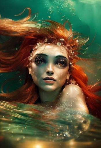 A Mermaid that is underwater, swimming away, looking back exactly at the camera with steely eyes. The mermaid has rich red hair that spreads out in the water around her head. The mermaid has strong Welsh-like facial features. The mermaid is illuminated by shimmers of shines down upon the mermaid from above with a shimmering effect. Cinematic. Hyper-Realistic. Closeup on eyes. Highest Detail.