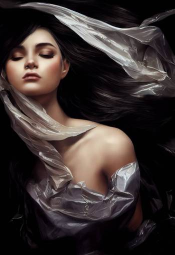 a muse of beauty with long flowing hair, full body wrapped in garbage bags, floating dripping in black oil, youthful attractive, artgerm, flowing hair, symmetrical face, Kuvshinov Ilya, Charlie Bowater, cinematic top lighting, dark background, insanely detailed and intricate, clean,