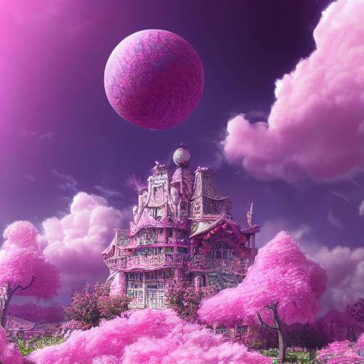 a pink and purple fantasy faerie department building 3d 8k ultra detailed ultra manga