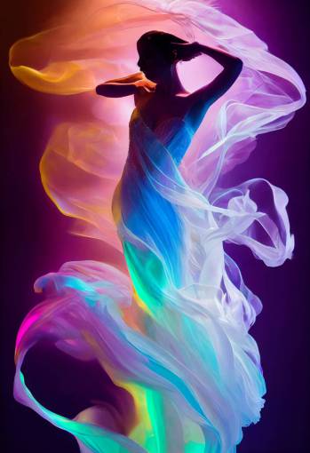 a portrait of a gorgeous Ethereal Goddess of Dance echoing glowing iridescent smoke flowing gracefully, colorful, vivid colors, highly detailed, photographic, photo-realism, bright lighting, 32K,
