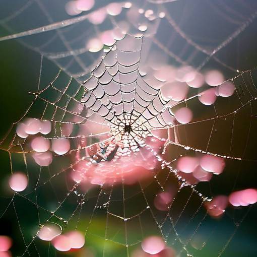 a pretty spider web stretching across the screen filling the composition, every intersection of the web has a small jewel crystal, a clear quartz, soft dreamy pinks and yellows and whites, ethereal, expansive, zoomed out, infinite, beautiful, sacred, glowing