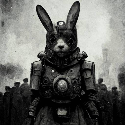 A rabbit in power armor in a dystopian capatalist nightmare