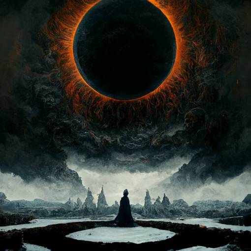 a realm with a giant black throne, black sun, eclipse, dark skies, dark colors, horror theme, Caelan Stokkermans style