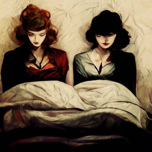 A rebellious mannish woman and a femme fatale lying in bed.