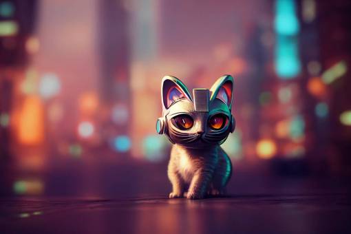 A small adorable kitty made out of futuristic metal, in a futuristic city street, hyper realistic, extreme detail, octane render, unreal engine, volumetric lighting, photorealistic, hyper detailed, wide angle, HDR