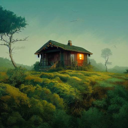 A small house on the hill in the style of Laurie Greasley and Craig Mullins, 1 Surrounded by vegetation in the style of Roger Deakins and Katsuhiro Otomo, 1