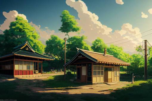 a small, lonely coffee shop in the countryside of Japan + in the style of Makoto Shinkai, highly detailed, quaint, beautiful, charming.