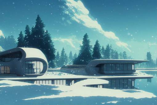 A Street View of a futuristic house, along the river, during winter, Rocky Mountains in the distance, in the Style of Hayou Miyazaki, and Shinkai Makoto, Variated Greenery covered in snow, Clear Reflections, Anime, Animation Concept Art, Studio Ghibli, Natural Lighting, Realistic, 8K, Beautifully Detailed, snowstorm, Cel-Shading, Light Diffusion, Cinematic Shading, and Cinematic Elements