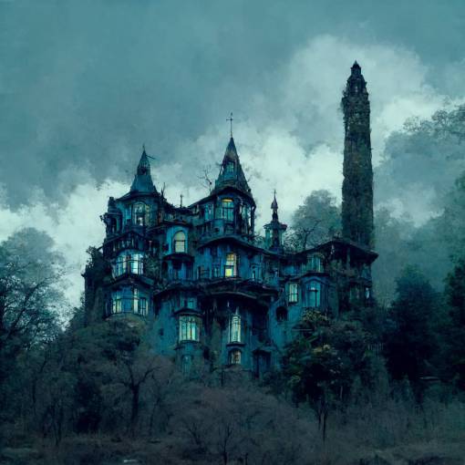 a victorian style mansion house built to be attached to an ancient, thin stone tower, gothic architecture, deep blues, haunted, landscape