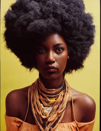 a woman with a large white afro, a character portrait by Bruce Onobrakpeya, featured on cg society, afrofuturism, 1970s, studio portrait, rococo