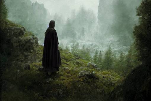 A young female dwarf dressed in black robes standing on a rocky outcrop with a forest behind her, sword in one hand, shield in the other, Andrea Kowch Greg Rutkowski, looking down,