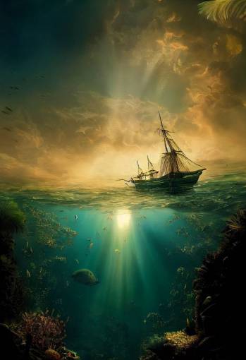 Above the water is a beautiful tropical island, under the water is a Sunken Galleon with golden treasure strewn about the ocean floor, cinematic lighting
