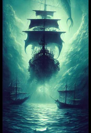 Above the water is a large Spanish Galleon filled with Treasure, under the water is a large Cthulhu monster with tentacles reaching for the ship, morning light, cinematic lighting
