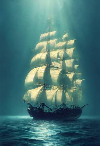 Above the water is a large spanish galleon, under the water is golden treasure flowing from the bottom of the ship to the ocean floor, morning light, cinematic lighting