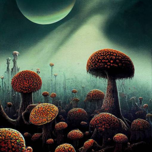 Acrylic detailed painting by Jamie Hewlett in a dark and creepy style. Its A planet made of fungus and would be a water-bears dream come true. Imagine a world with doomer trees and rivers are made of gummie worms. The sky is a never-ending rainbow of chemical toxicity . Dreamlike,behance HD and unreal engine, style hyper realism and matte background, 8k