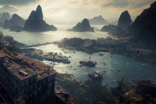 Aerial Photography of Karnaca city of dishonored 2, highly detailed, rio janeiro, la havane, mont, amzonie, insane architectural details, cinematic lighting, epic, dramatic, corona render, unreal engine, vray renderi , extremely detailed + ultra-realistic, soft shadows + 4k + uhd + 3d + octane render + cinematic, 8k