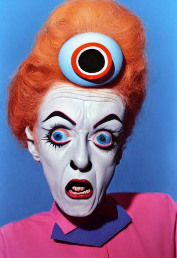 Alice from The Brady Bunch screaming in an echo chamber as depicted by Diane Arbus and Mapplethorpe, photorealistic portrait, realistic caricature features, colored underlighting, bright clown makeup, cinematic lighting, photorealistic grotesque portrait, ultra detailed, DOF, vivid colors, f2.8, 50mm, symmetrical face and body