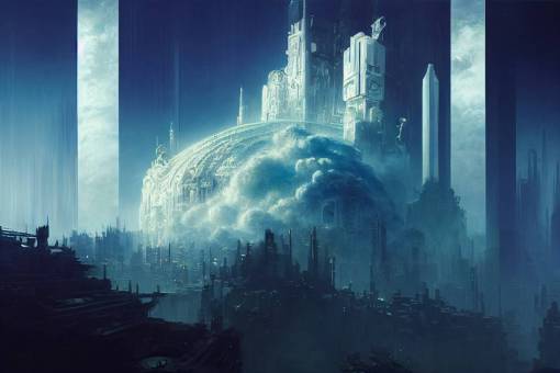 an advanced world with ethereal temples suspended in fractal clouds echoing the past, high detail, intricate Fibonacci design, epic emotional detailed cyberpunk sci-fi fantasy pre-Raphaelite art