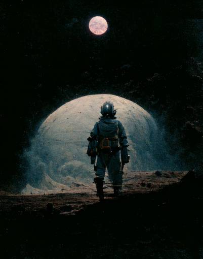 an astronaut on the moon walking towards far away collapsing planet earth, back view, desolate spacescape, interstellar movie, by Vincent di Fate, cinematic style, epic composition, 70s, 1979, scifi, atmospheric lighting