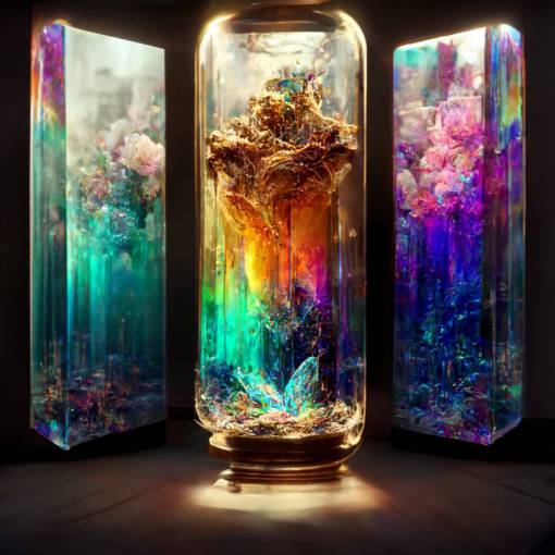 an echo of a dream of a memory, encased in crystal, trapped in glass, prismatic, luminescent, radiant, iridescent, ethereal, hyperdimensional, reverberating, disintegrating, ultra detailed ultra HD, 8k